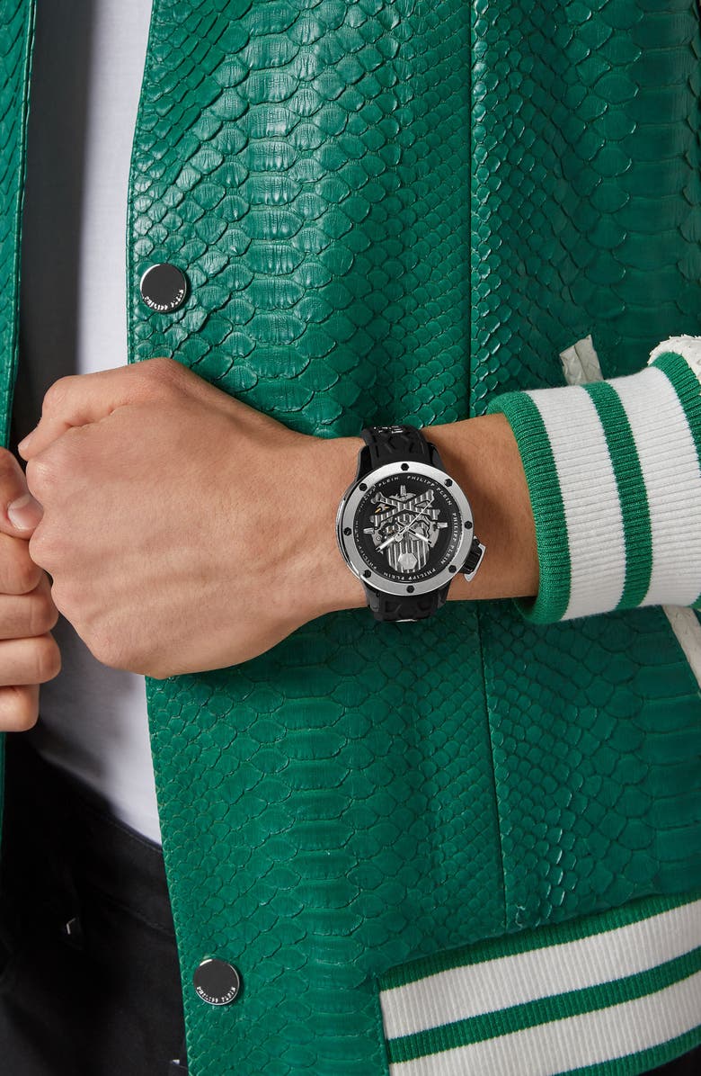 PHILIPP PLEIN Rich Skeleton Silicone Strap Watch, 46mm, Alternate, color, Stainless Steel