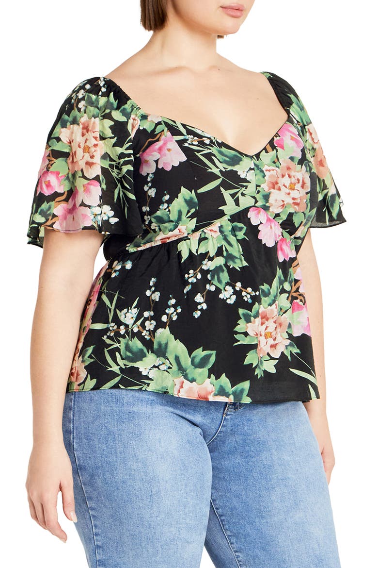 Marci Floral Flutter Sleeve Top, Alternate, color, BLACK SWEET BLOSSOM