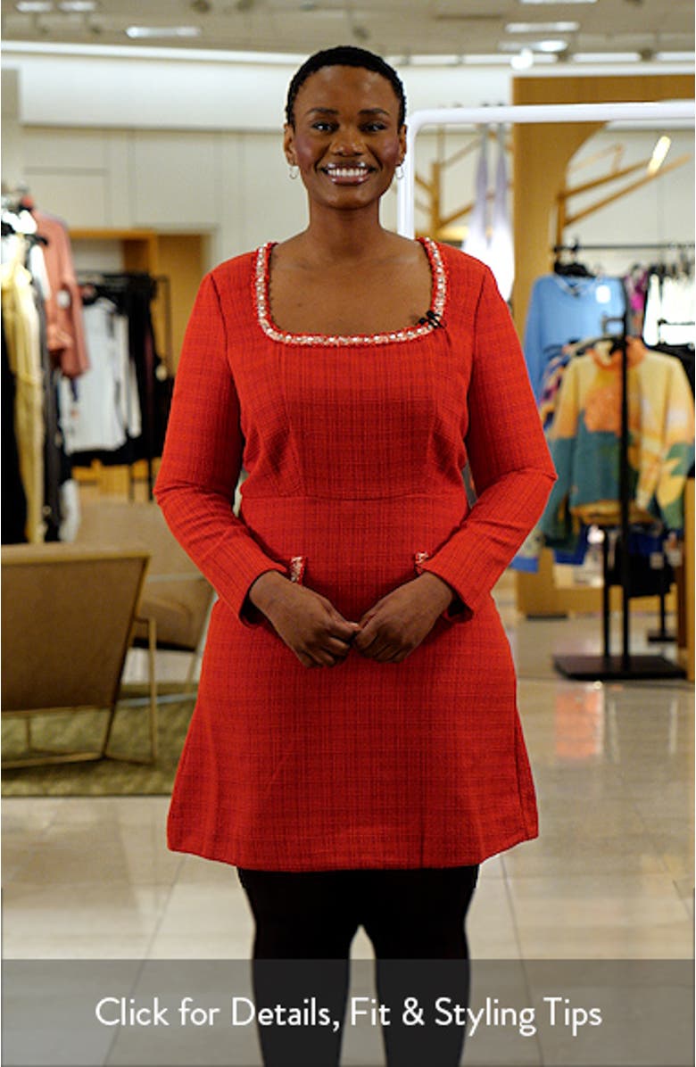 Faux Pearl & Rhinestone Detail Long Sleeve Tweed Dress, sales video thumbnail