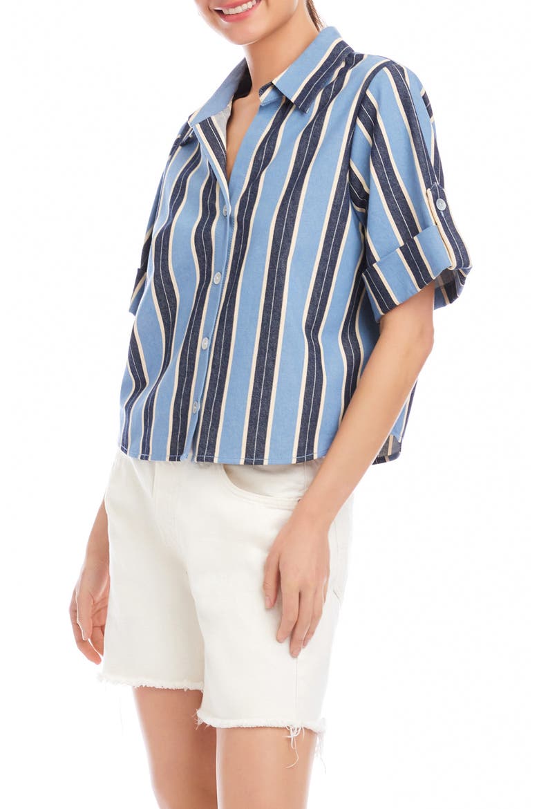 Kay Roll Tab Cuff Stretch Cotton Button-Up Shirt, Alternate, color, BLUE/ CREAM