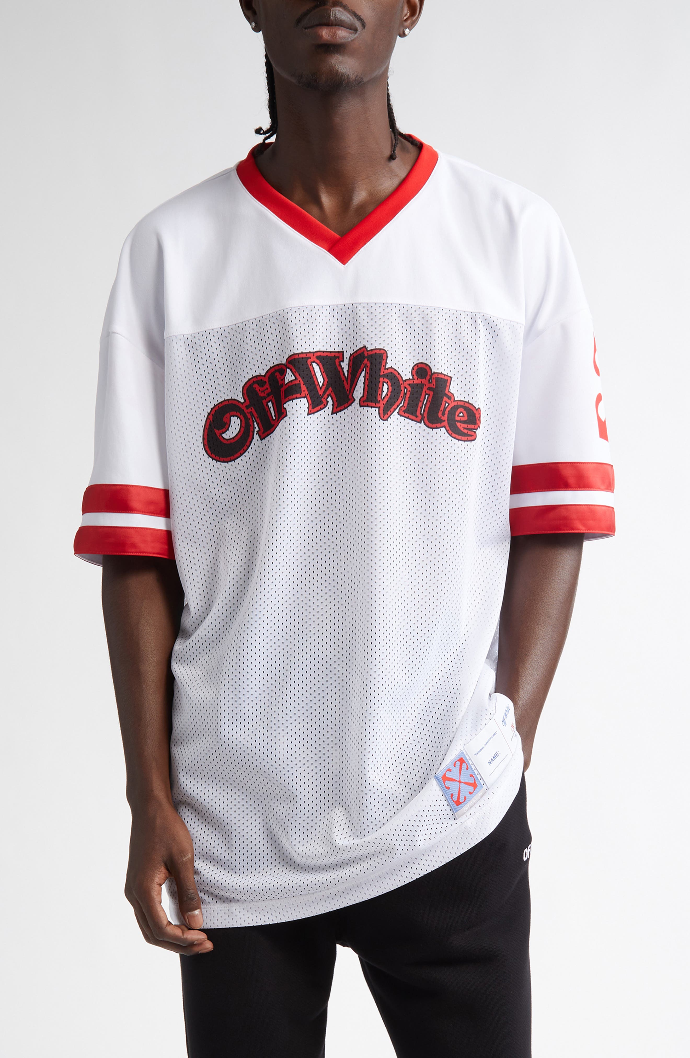 Off-White Gothic Logo V-Neck Football Mesh Graphic T-Shirt