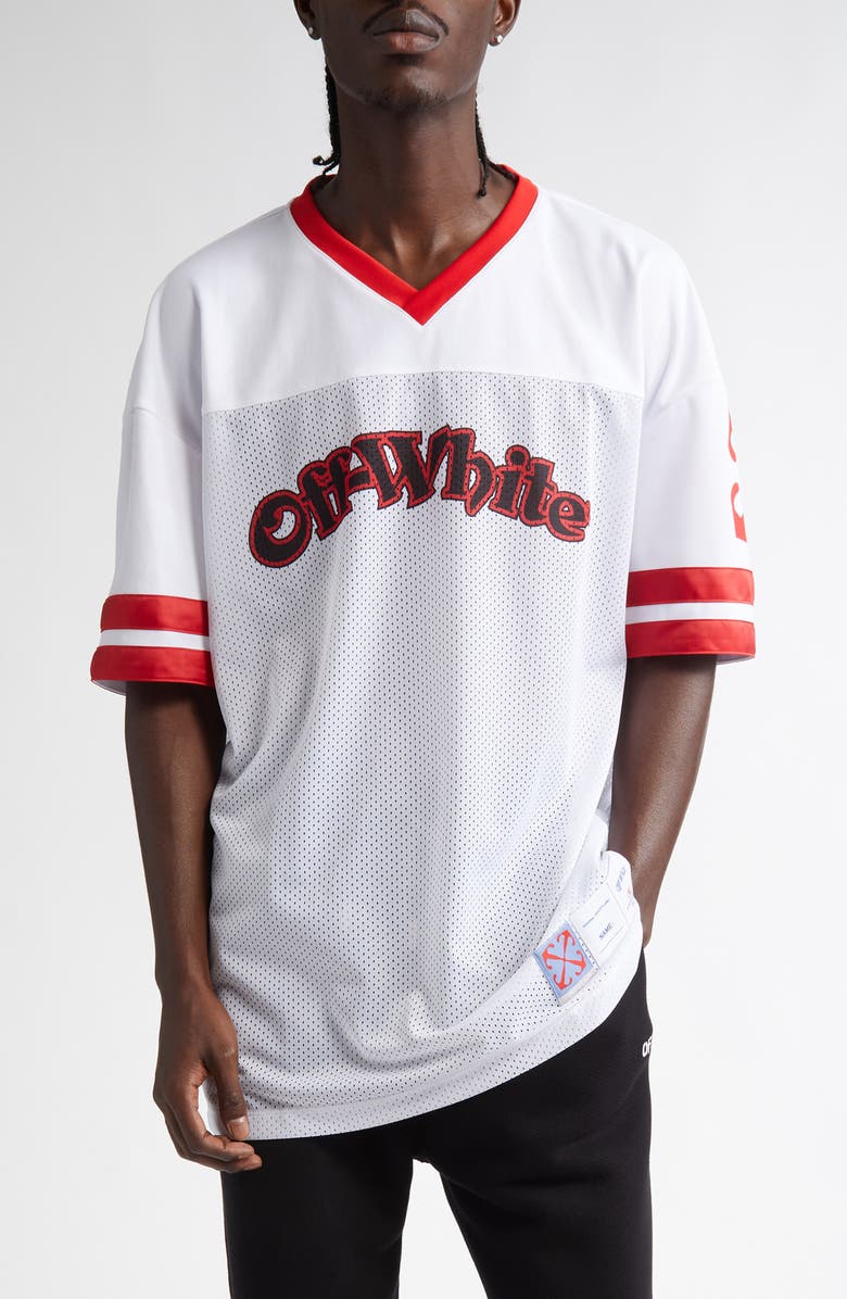 Off-White Gothic Logo V-Neck Football Mesh Graphic T-Shirt, Main, color, 