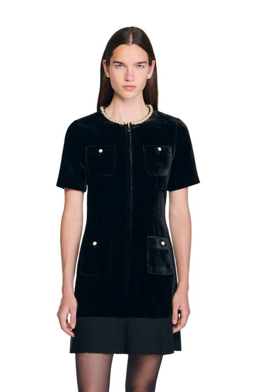 Sandro Womens Black Pearl-embellished Pleated-hem Velvet Mini Dress In Black