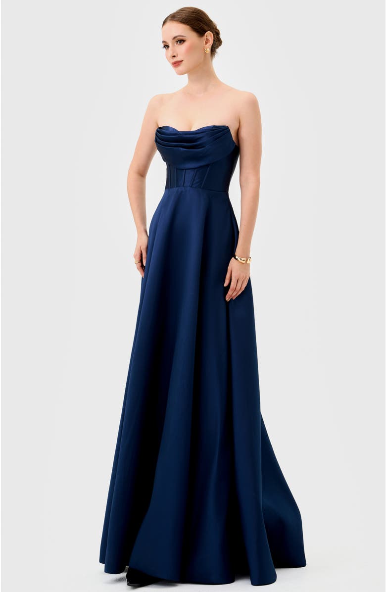 Bariano Ameira Strapless Cowl Gown, Alternate, color, Navy
