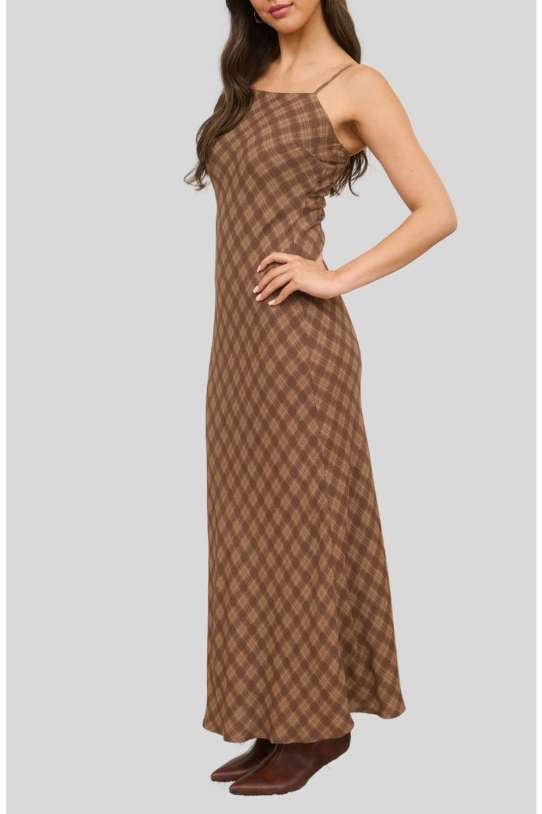 Bias Cut Plaid Midi Dress, Alternate, color, BROWN MULTI