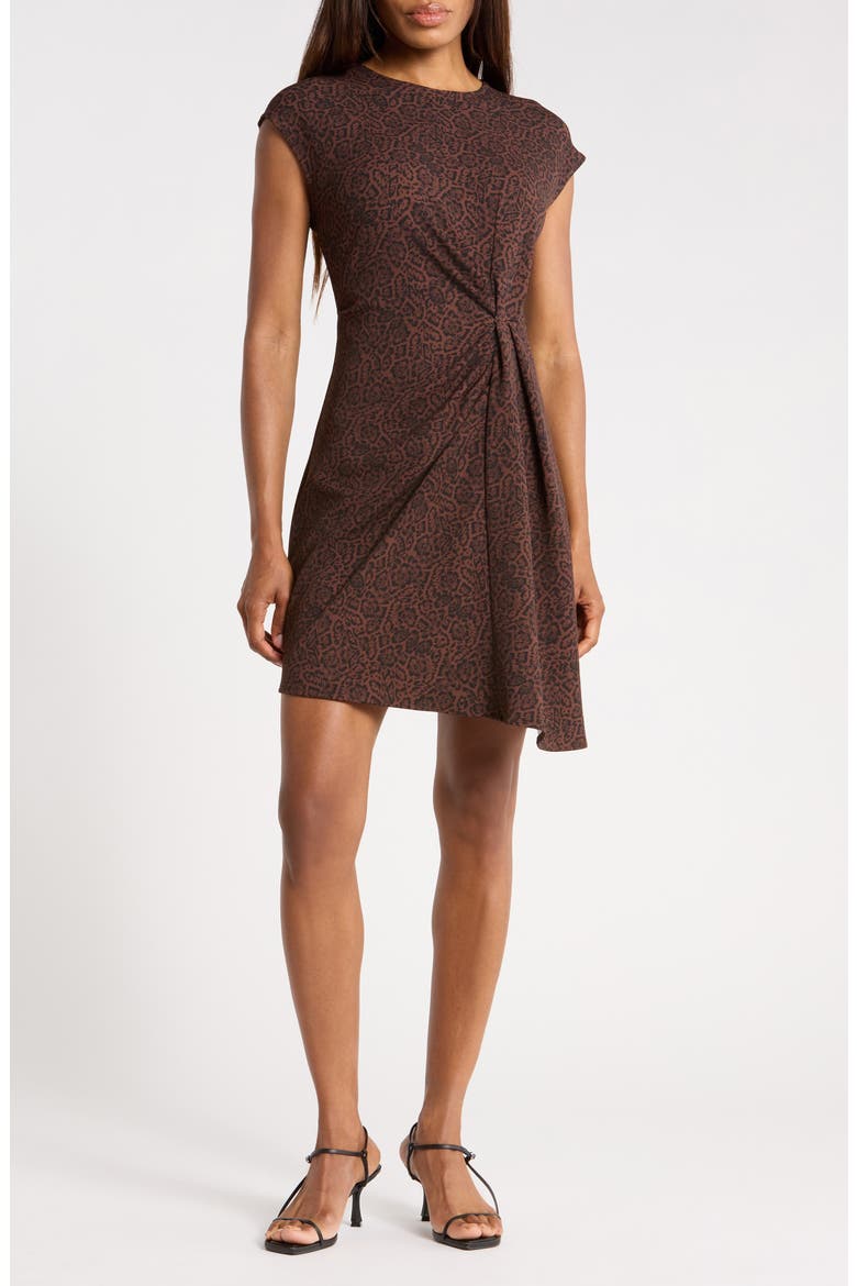 Faux Wrap Cap Sleeve Minidress, Main, color, BROWN- BLACK ANIMAL ETCH