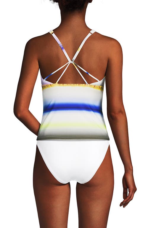 Lands' End Mastectomy Tugless High Neck Strappy Back Tankini Swimsuit Top In Egret White Multi Ombre Stripe
