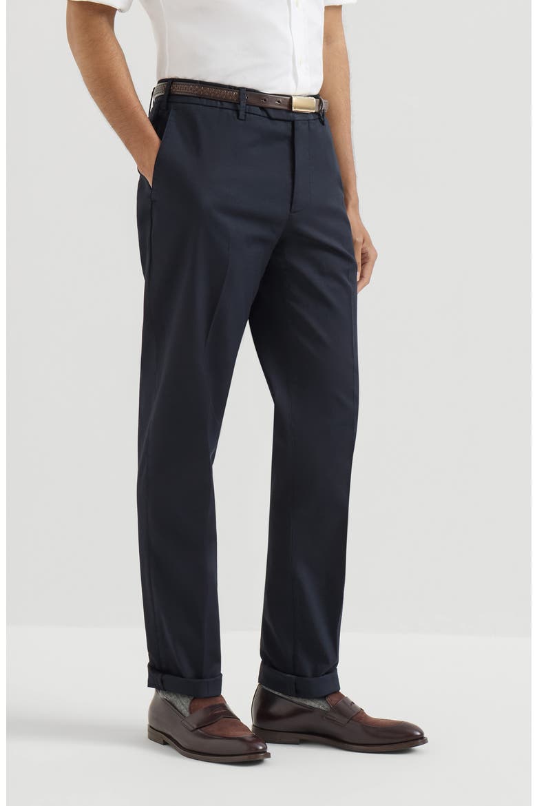 Garment-dyed Italian fit trousers in American Pima comfort cotton gabardine, Main, color, Navy Blue
