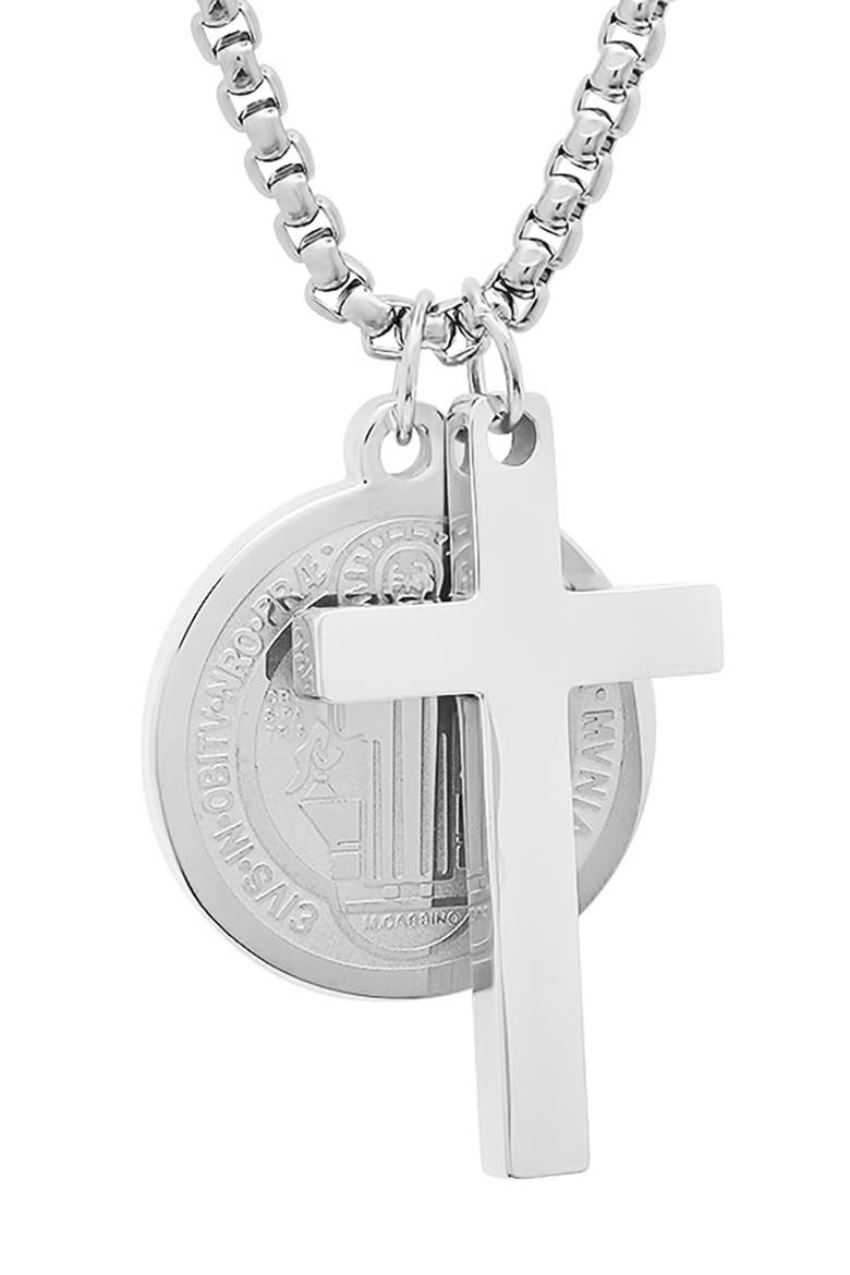 Men's Stainless Steel Cross & Saint Pendant Necklace, Alternate, color, SILVER