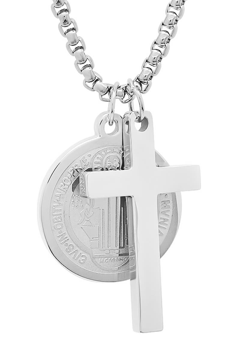 HMY JEWELRY Men's Stainless Steel Cross & Saint Pendant Necklace, Alternate, color, Silver