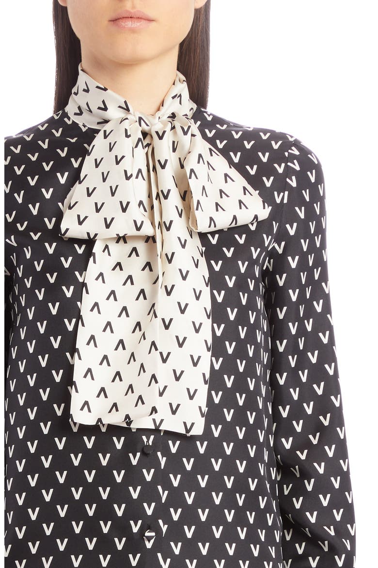 Logo Print Tie Neck Silk Blouse, Alternate, color, NERO/ AVORIO