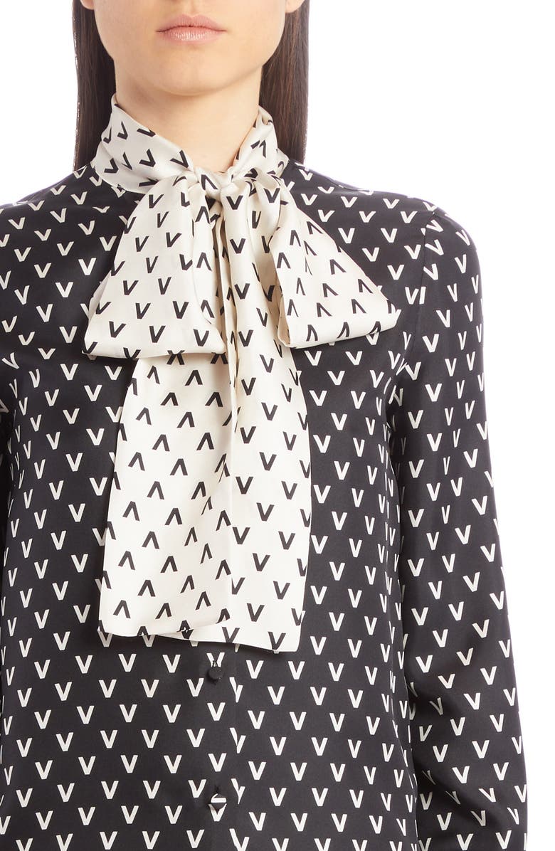 Valentino Logo Print Tie Neck Silk Blouse, Alternate, color, 