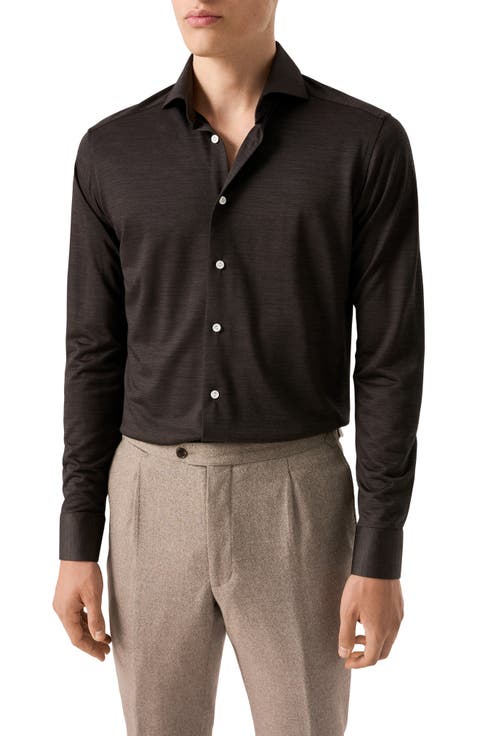 Contemporary Fit Brown Mélange Merino Wool Dress Shirt