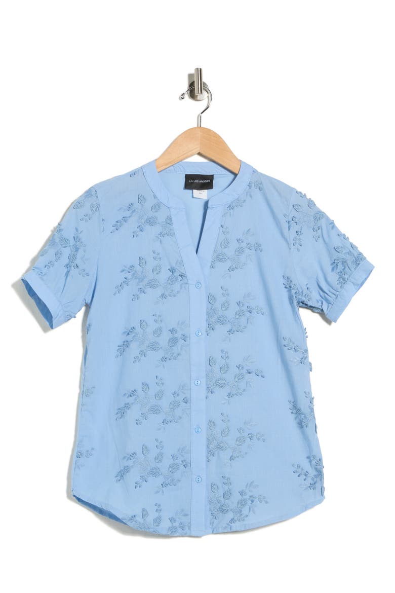 Floral Embroidered Short Sleeve Button-Up Top, Alternate, color, DENIM BLUE