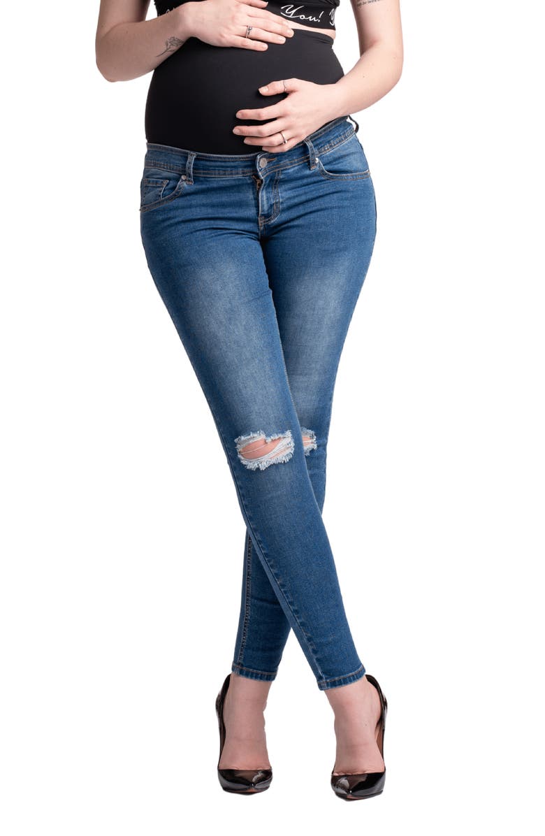 Preggo Leggings Santa Monica Ripped Skinny Maternity Jeans, Main, color, Blue