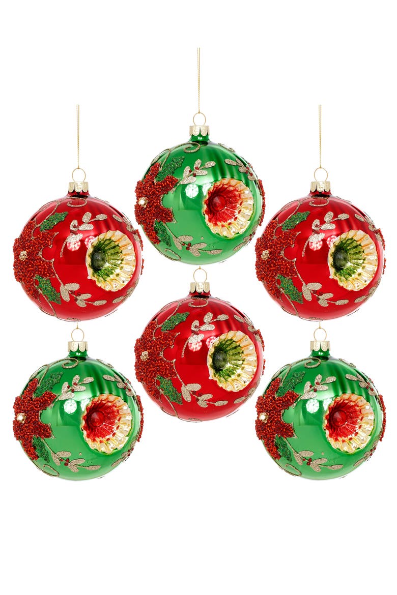 Poinsettia Reflector Ornament, Set of 6, Alternate, color, Red