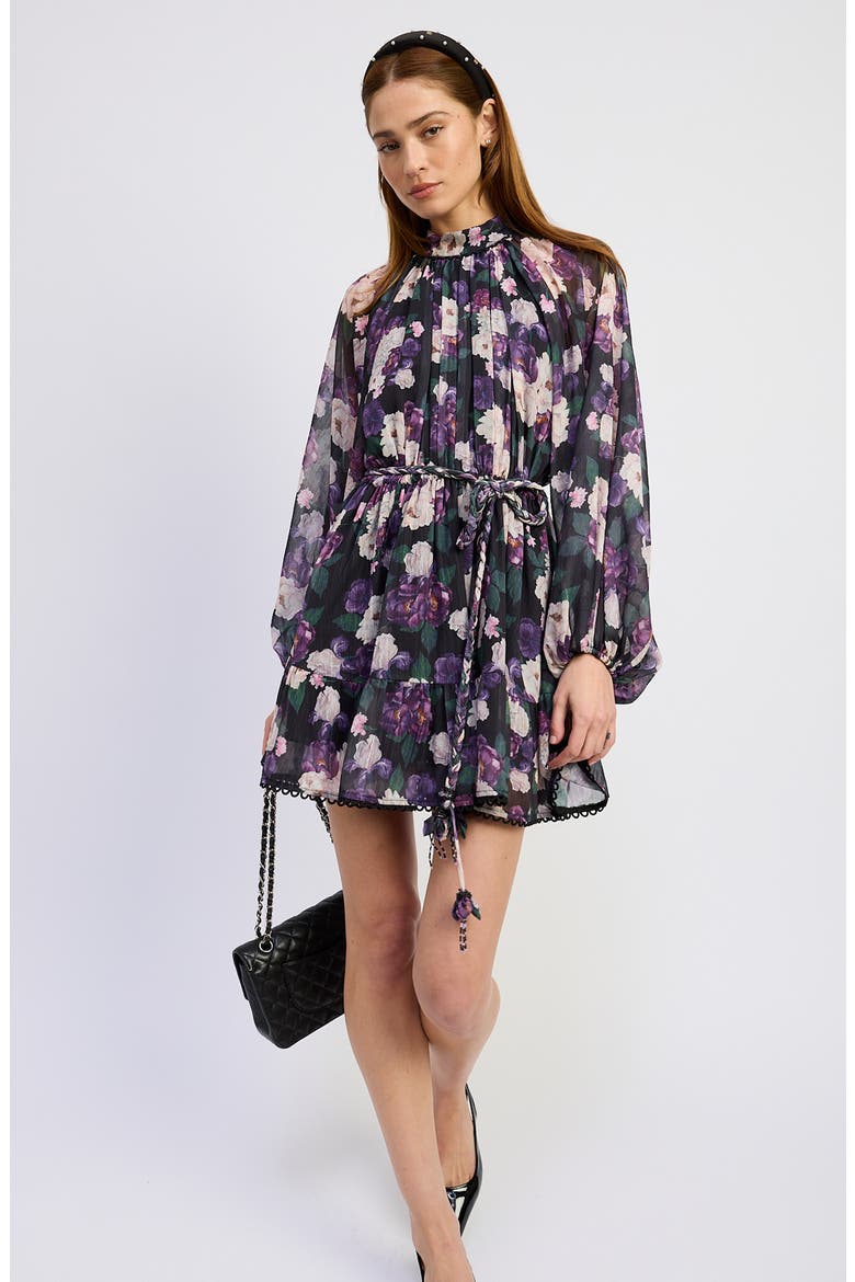 Jasmine Floral Long Sleeve Chiffon Minidress, Alternate, color, BLACK PURPLE MAUVE