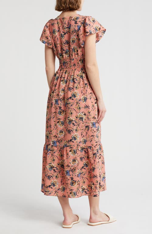 Melrose And Market Flutter Sleeve Smocked Waist Midi Dress In Pink- Olive Essie Floral