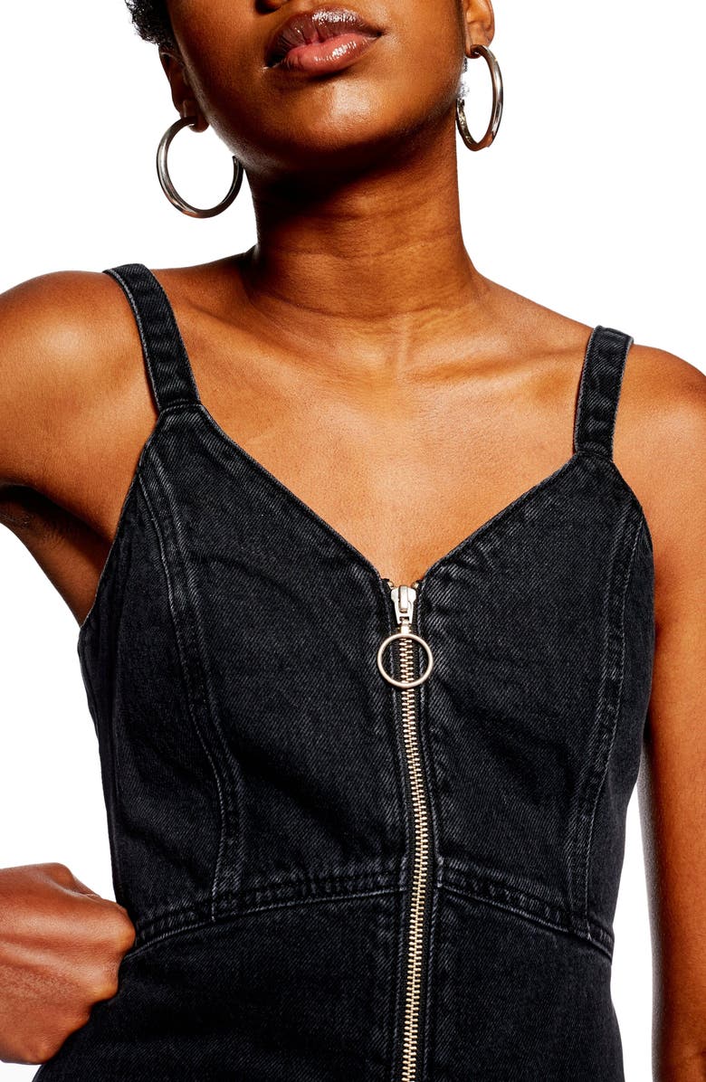 Topshop Sleeveless Front Zip Denim Dress, Alternate, color, 