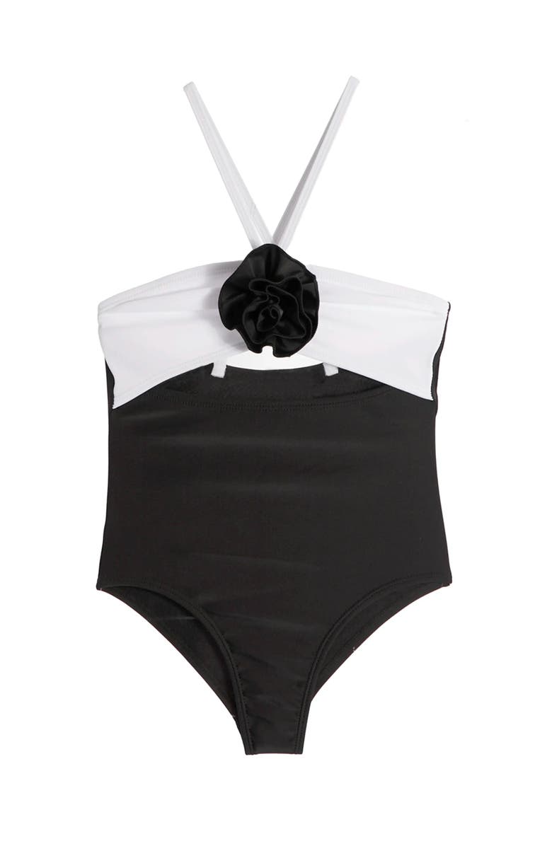 Limeapple Rosette Halter One Piece Swimsuit, Main, color, Black And White
