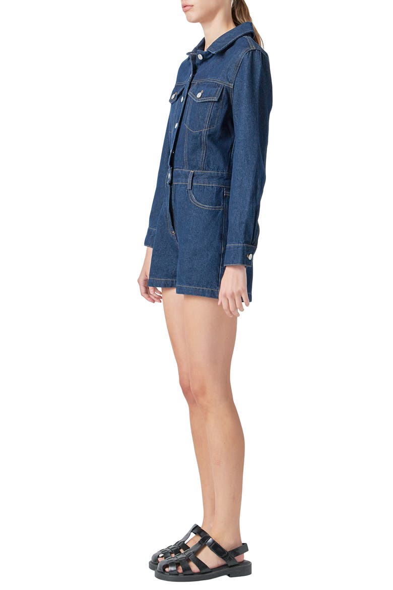 Long Sleeve Denim Romper, Alternate, color, NAVY