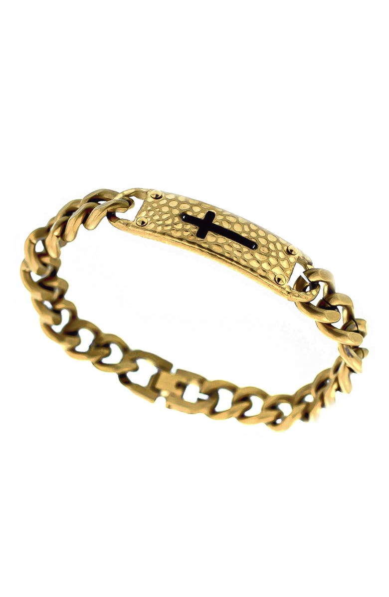 AMERICAN EXCHANGE Men's Hammered Cross Dog Tag Pendant Necklace & ID Bracelet Set, Alternate, color, Gold/ Gold