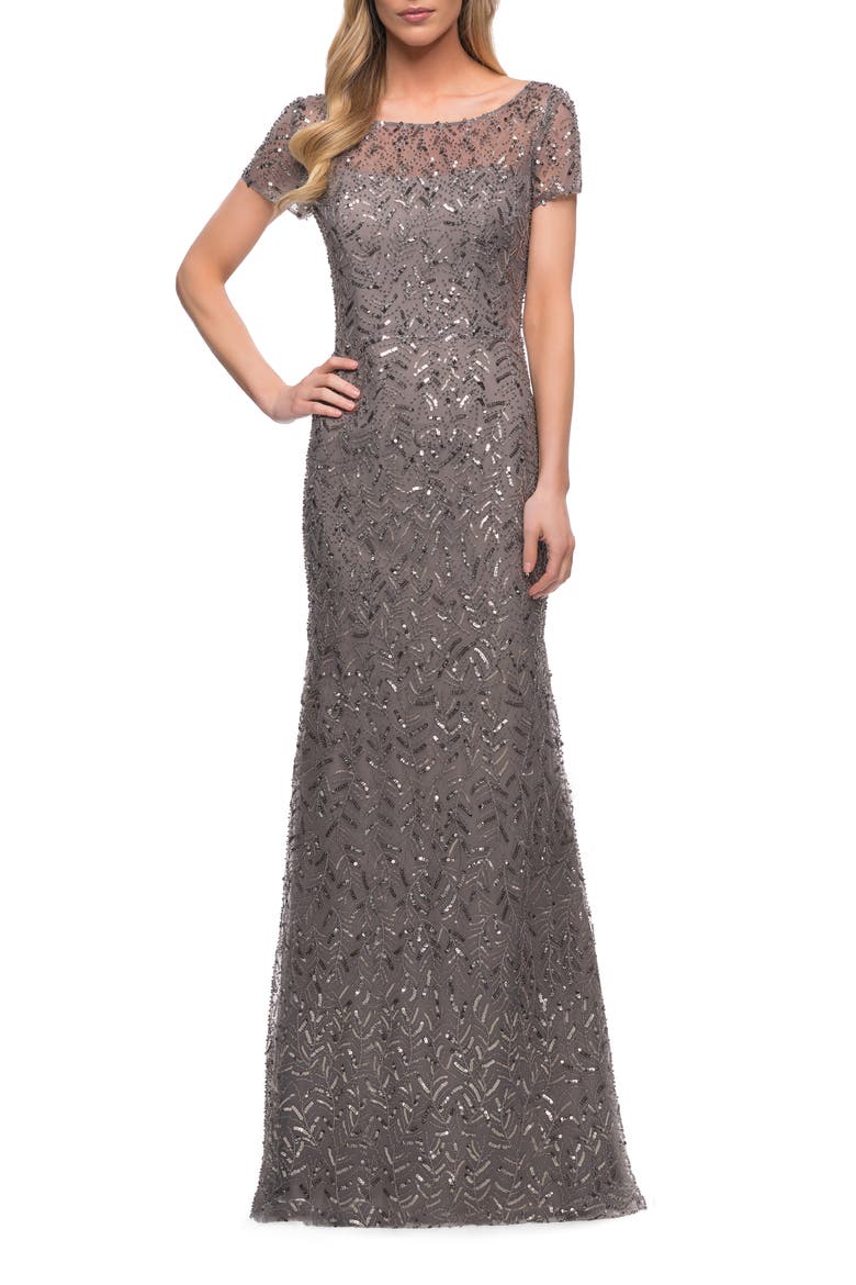 Beaded Long Dress with Illusion Top and Sleeves, Alternate, color, TAUPE GREY/ SILVER