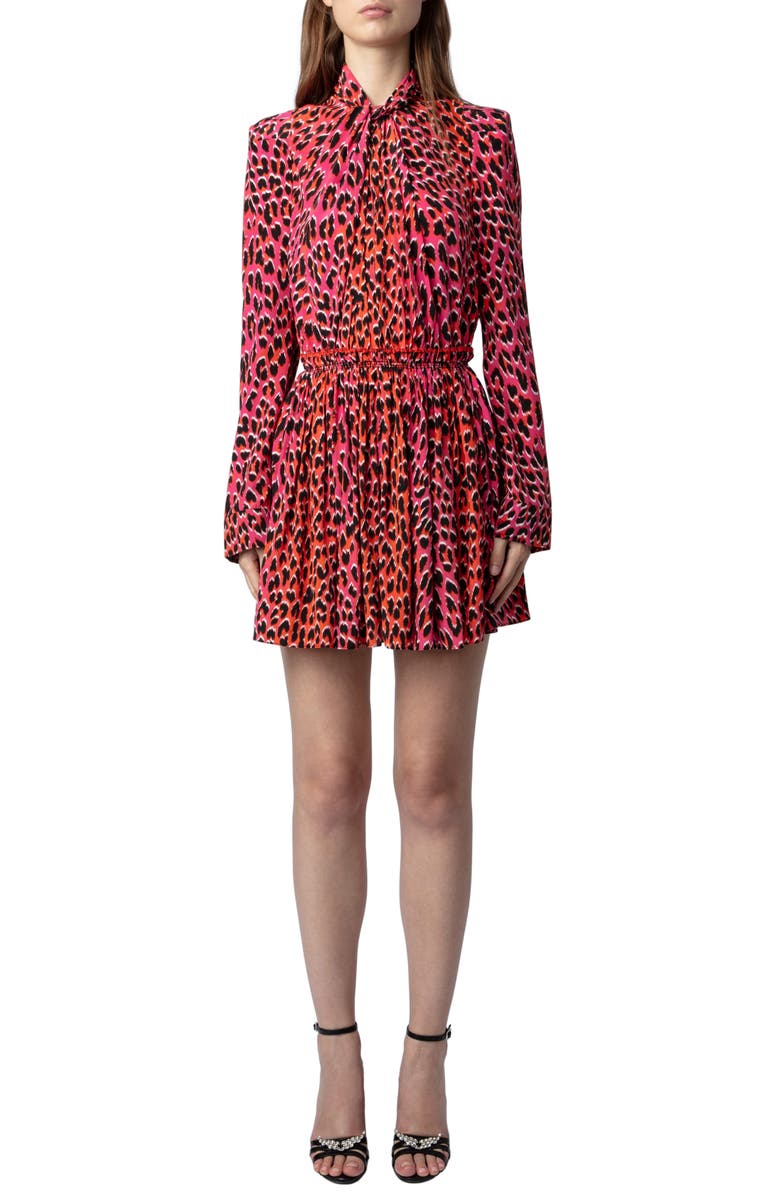 Zadig & Voltaire Ryde Leopard Spot Long Sleeve Silk Minidress, Alternate, color, 