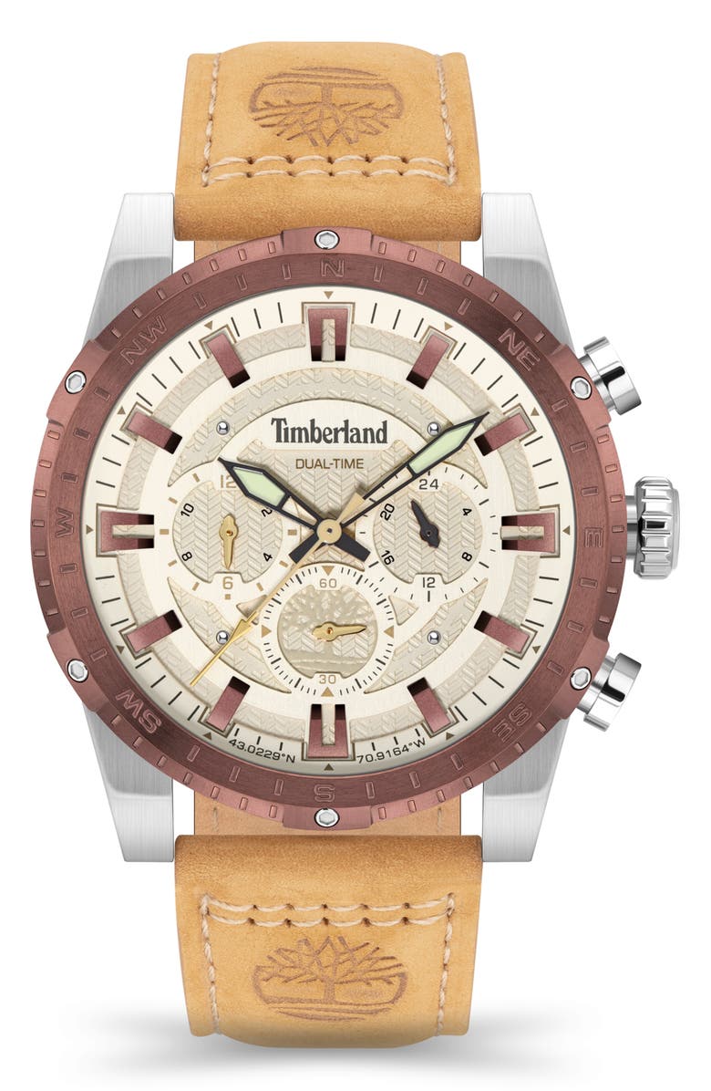 Timberland Fitzwilliam Multifunction Leather Strap Watch, 46mm, Main, color, 
