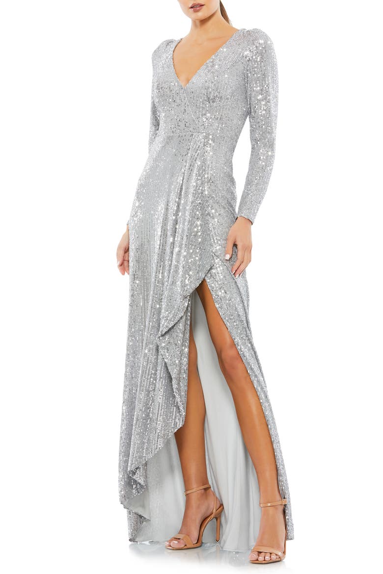 Long Sleeve Sequin Wrap Gown, Main, color, PLATINUM
