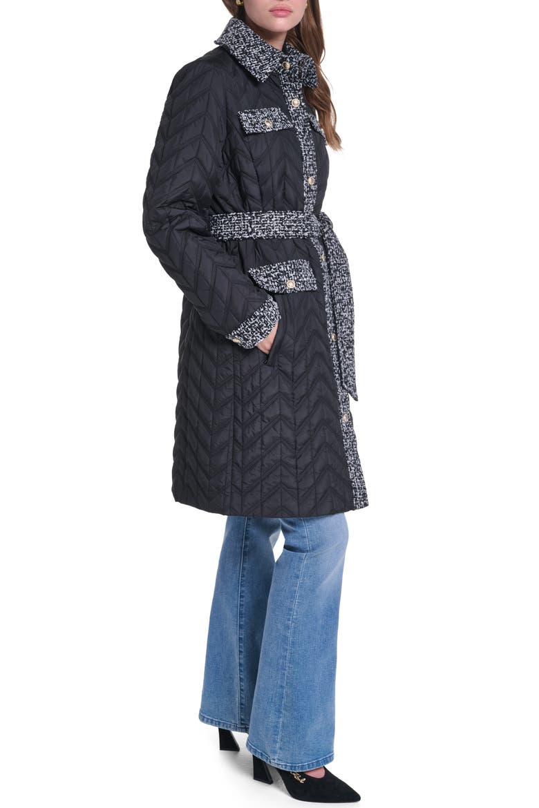 Agness Quilted Tweed Trim Coat, Alternate, color, BLACK