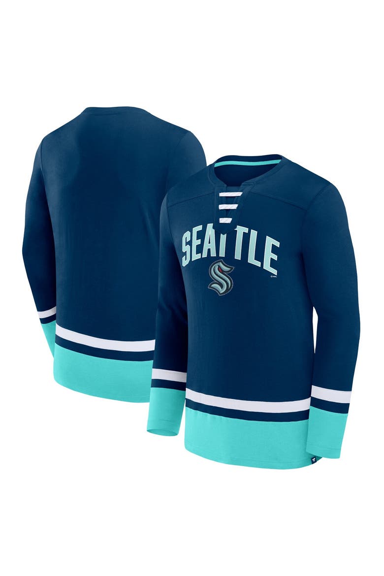 Men's Fanatics Branded Deep Sea Blue Seattle Kraken Back Pass Lace-Up Long Sleeve T-Shirt, Main, color, Navy