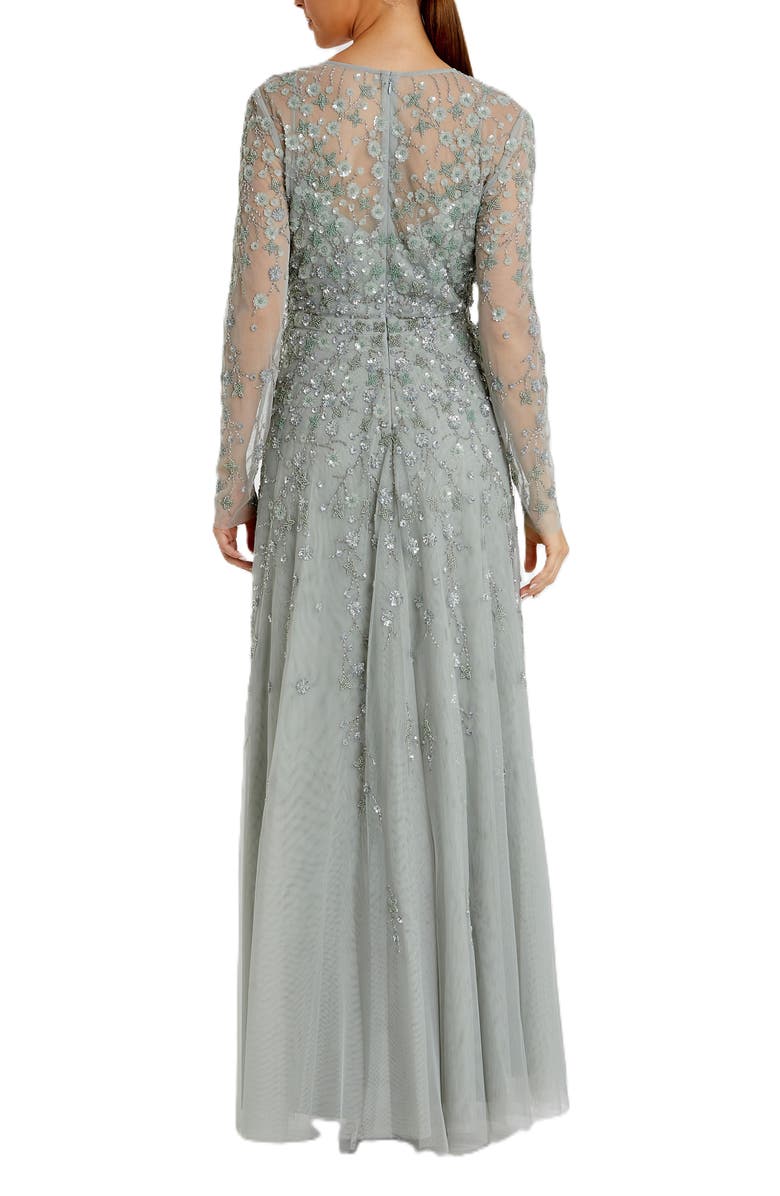 Mac Duggal Embellished Wrap Over Illusion Long Sleeve A Line Gown, Alternate, color, Sage