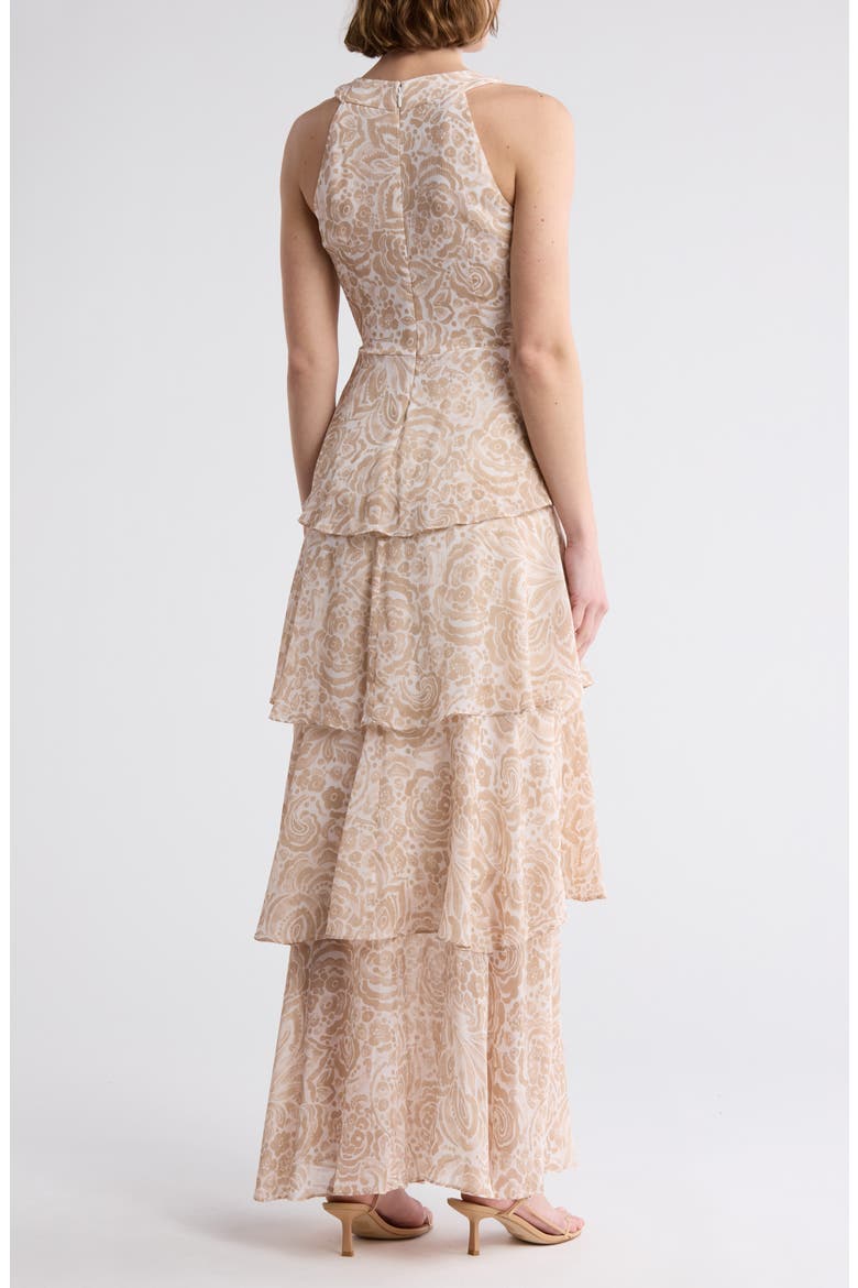 chiffon tiered halterneck maxi dress Tiered Chiffon Maxi Gown with Rosette Halter Neck