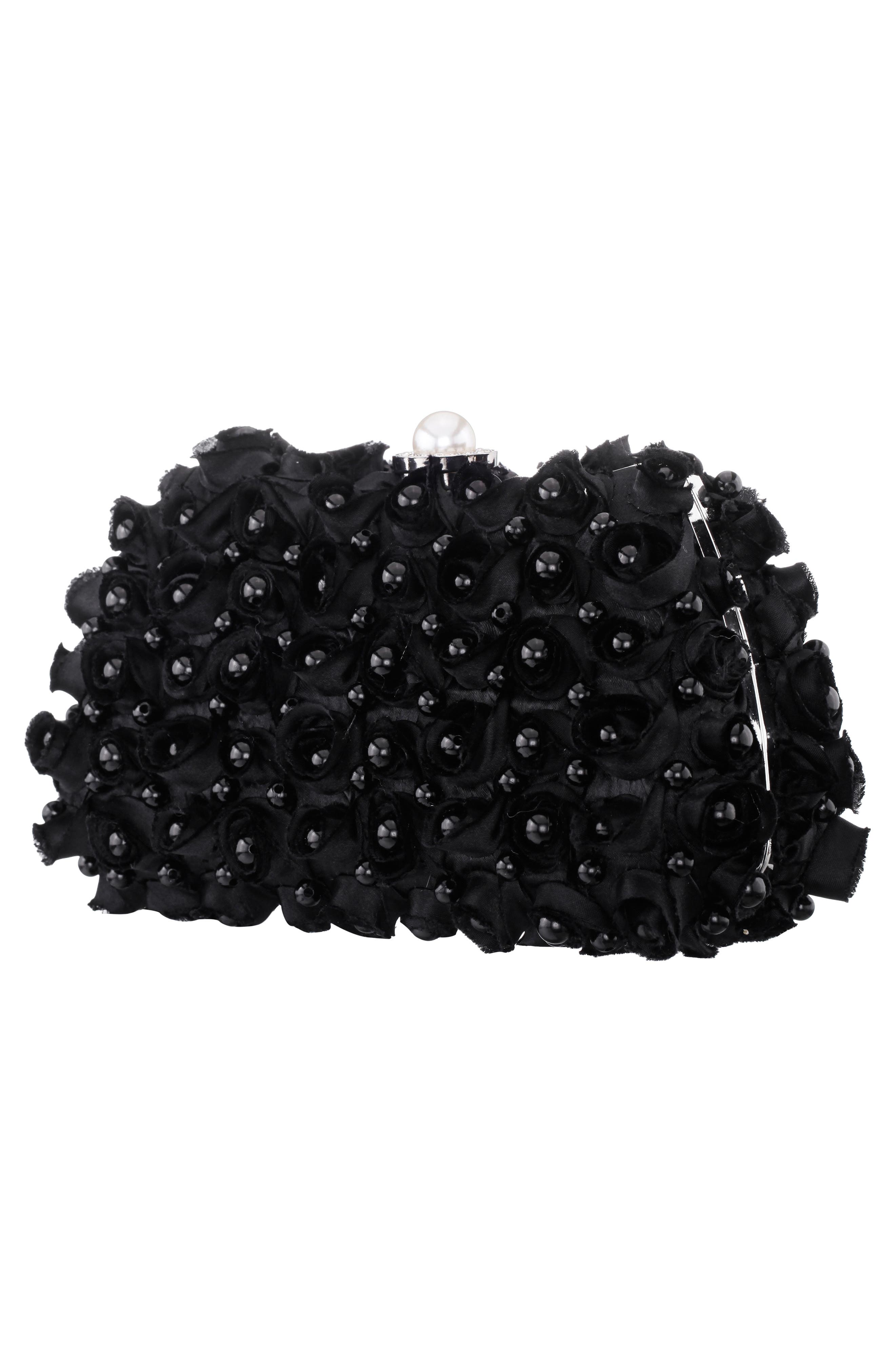 Paloma Rosette Imitation Pearl Frame Clutch, Alternate, color, BLACK