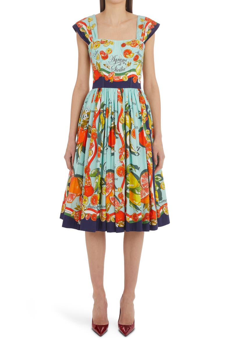 Dolce&Gabbana Agrumi di Sicilia Cotton Poplin Corset Dress, Main, color, Ht3un Agrumi F.turchese