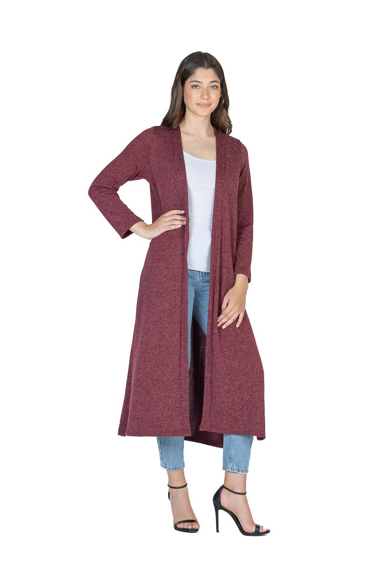 24seven Comfort Apparel Womens Long Duster Open Front Knit Cardigan, Alternate, color, Wine