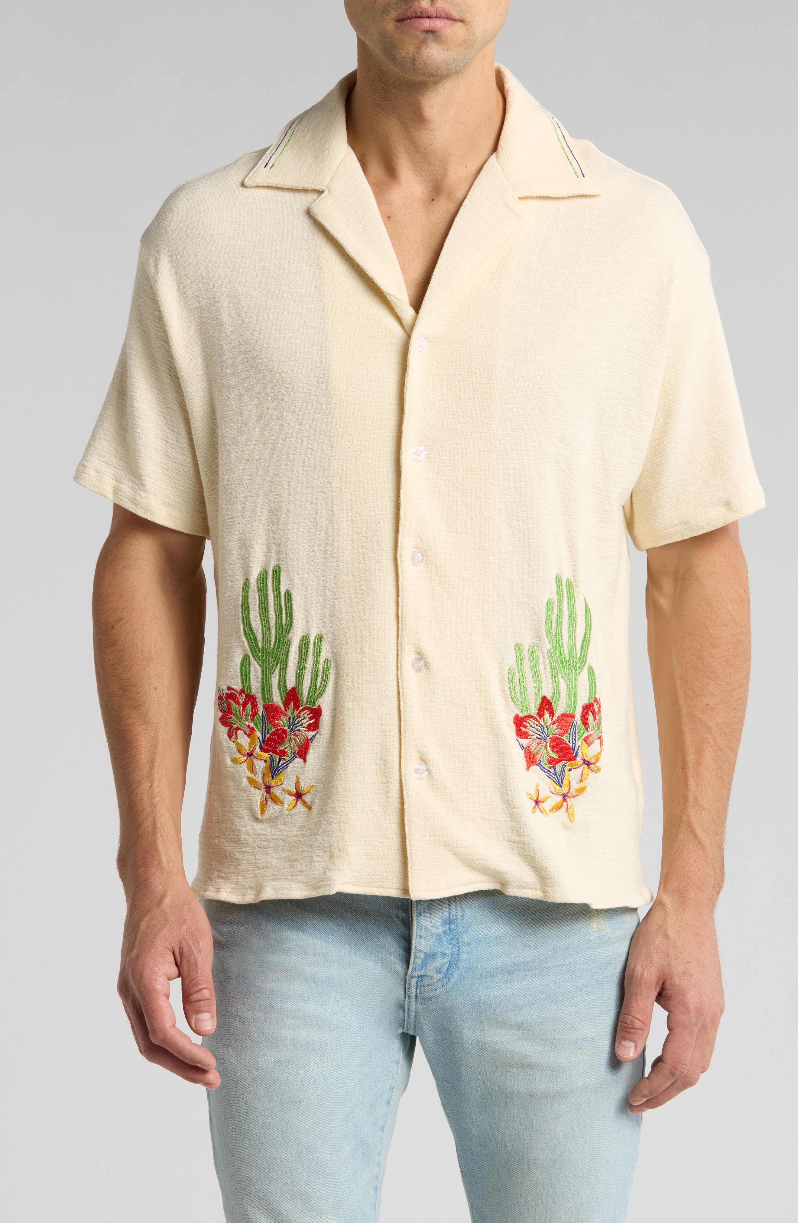 DIET STARTS MONDAY Cactus Floral Embroidered Camp Shirt