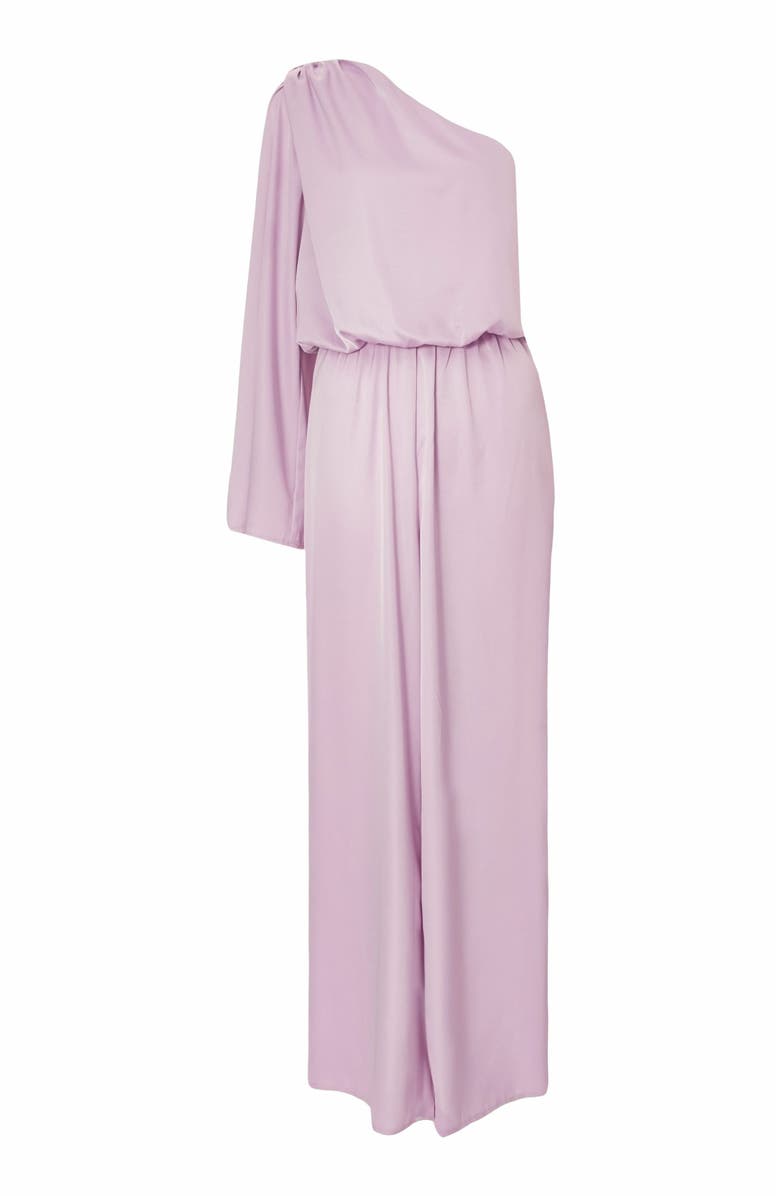 QUIZ One Sleeved Satin Jumpsuit With Scarf Detail, Alternate, color, Lilac