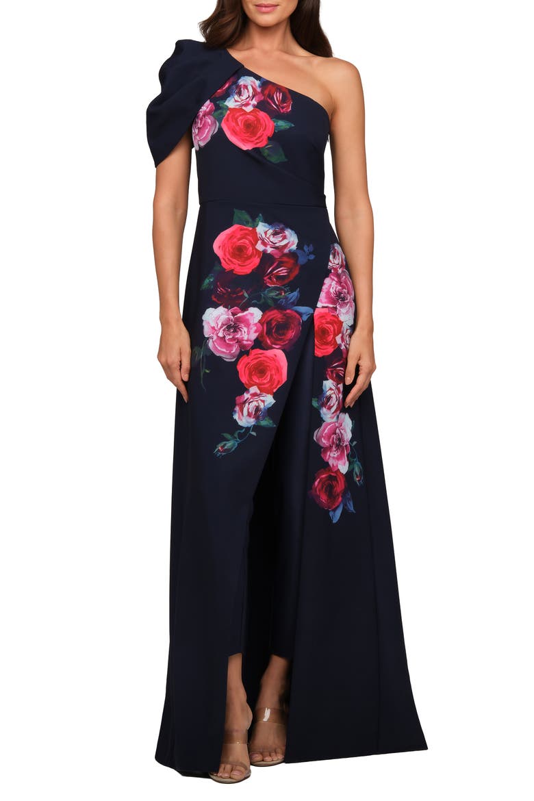 Feyre One-Shoulder Floral Overlay Jumpsuit, Main, color, DK TWILIGH