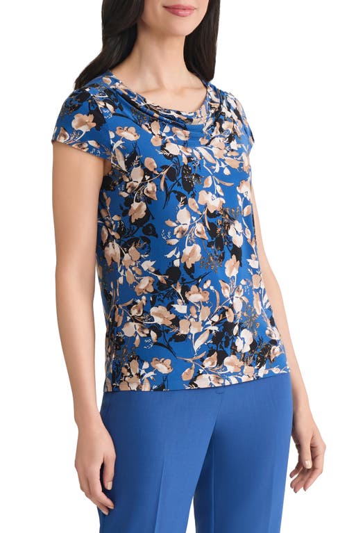 Kasper Plus Size Printed Cap-sleeve Cowlneck Blouse In Blue