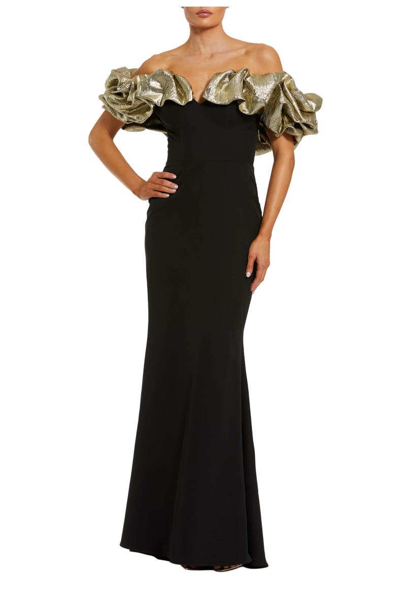 Mac Duggal Crepe Mermaid Gown With Off The Shoulder Ruffle, Main, color, Black Gold
