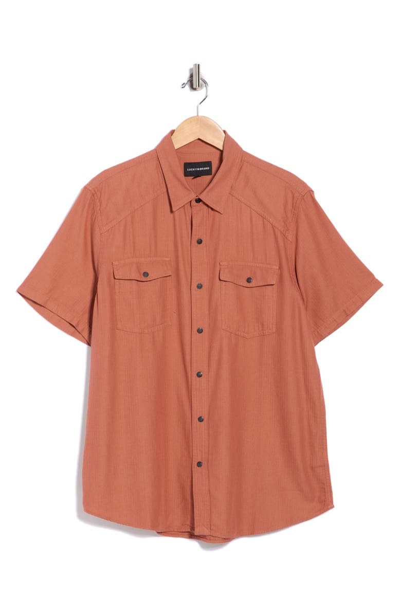 Lucky Brand Herringbone Short Sleeve Western Shirt, Main, color, Chutney