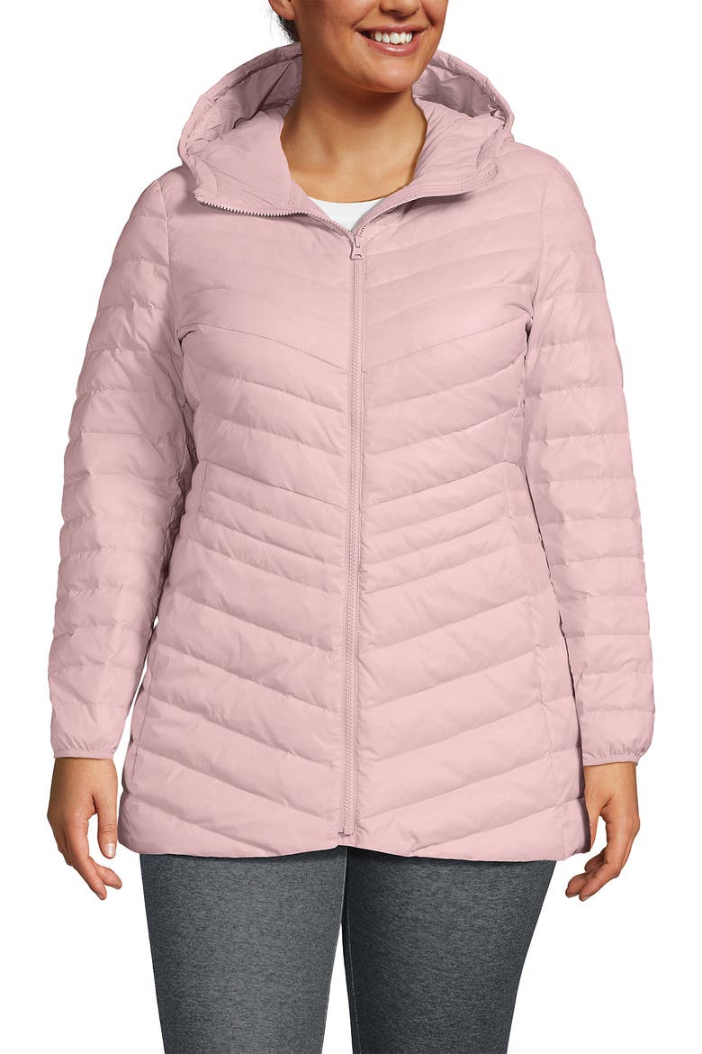 Plus Size Wanderweight Packable Down Hooded Long Jacket, Main, color, Light Mauve