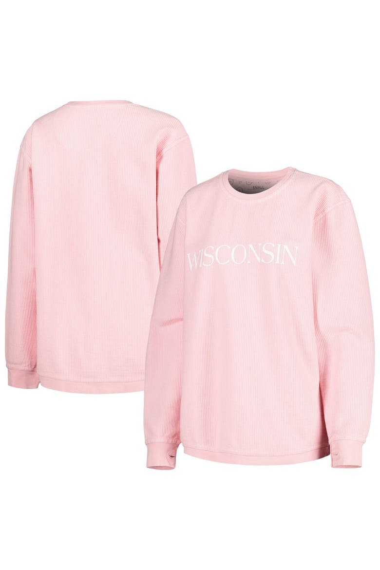 Women's Pressbox Pink Wisconsin Badgers Comfy Cord Bar Print Pullover Sweatshirt, Main, color, Pink