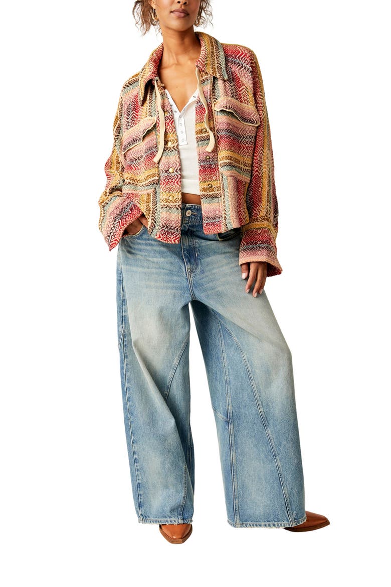 Rainbow Rays Cotton Snap-Up Drawstring Cotton Overshirt, Alternate, color, SUNSET COMB0
