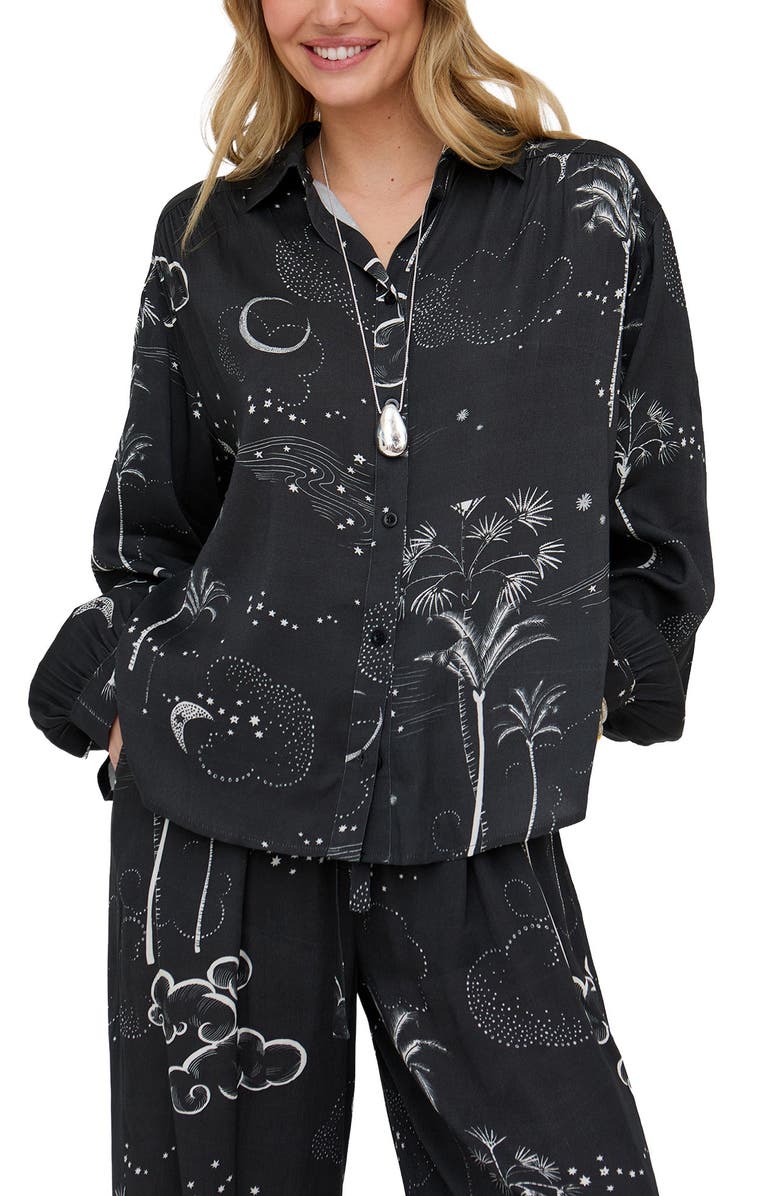 Raffya Palm Button Down Palm Print Shirt, Main, color, Black