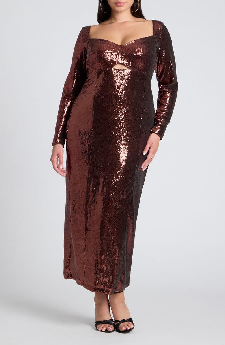 ELOQUII Sequin Keyhole Long Sleeve Gown, Main, color, 