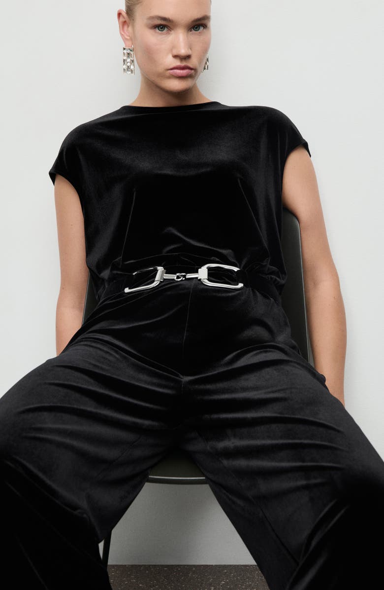 MANGO Belted Velvet Jumpsuit, Alternate, color, Black