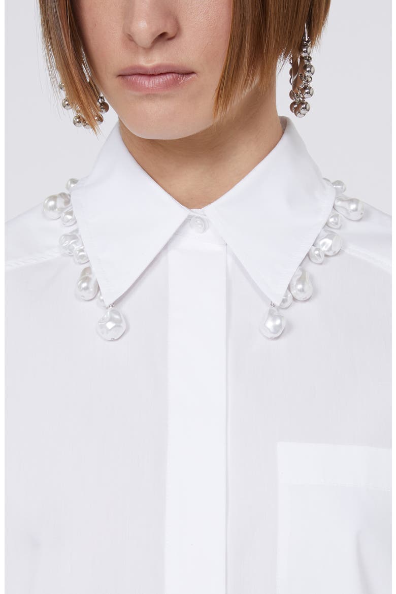 Faux Pearl Embellished Boxy Cotton Poplin Button-Up Shirt, Alternate, color, OPTICAL WHITE